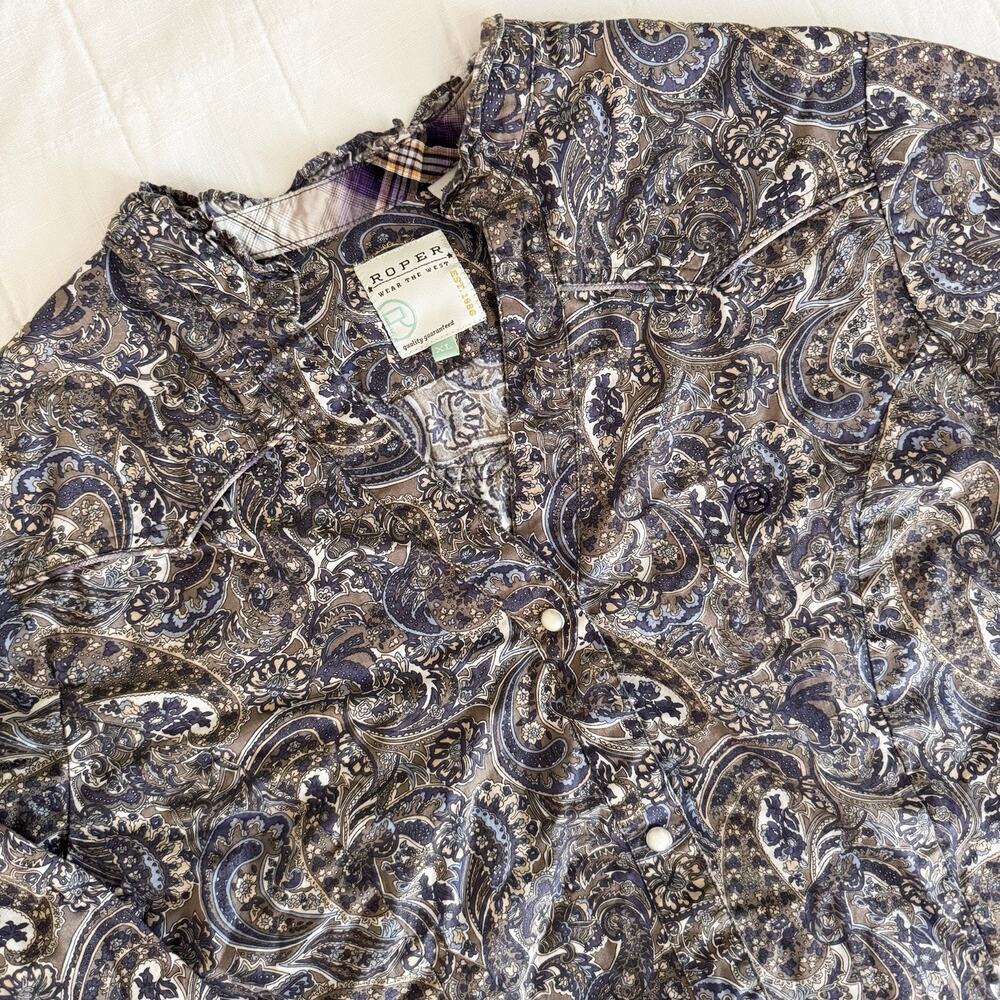 ROPER Pearl Snap Paisley‎ Shirt Long Sleeve V-Neck Womens XL Collarless